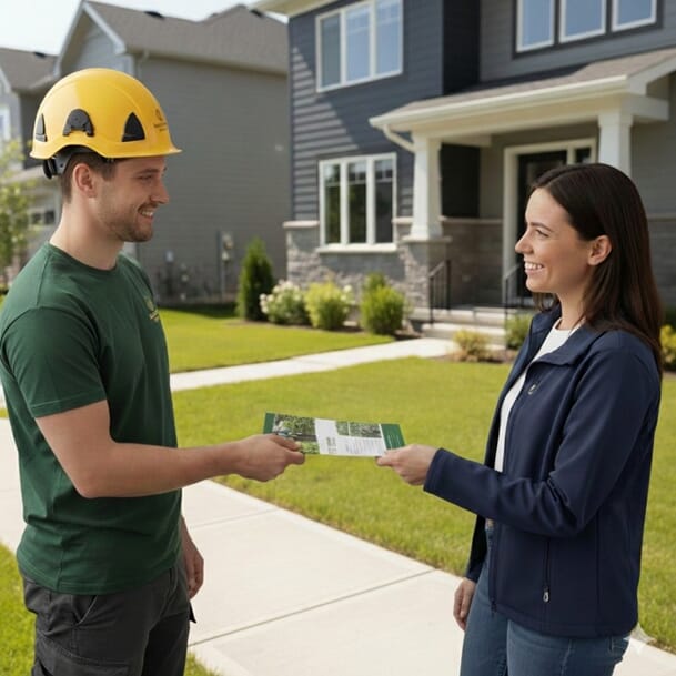 An image of two people talking business.